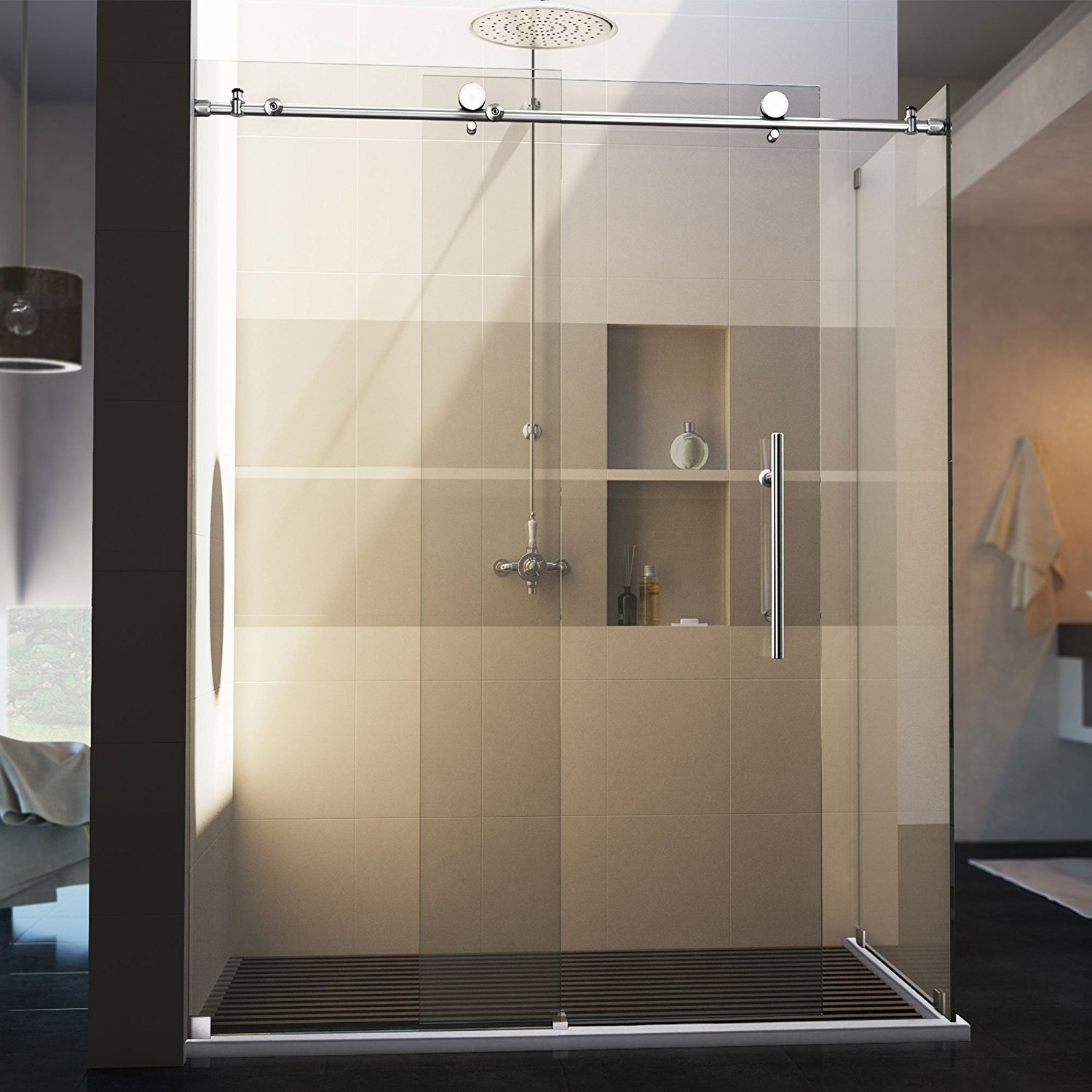 60 in. W x 76 in. H Single Sliding Frameless Shower Door/Enclosure in Brushed Nickel Finish with Clear Glass