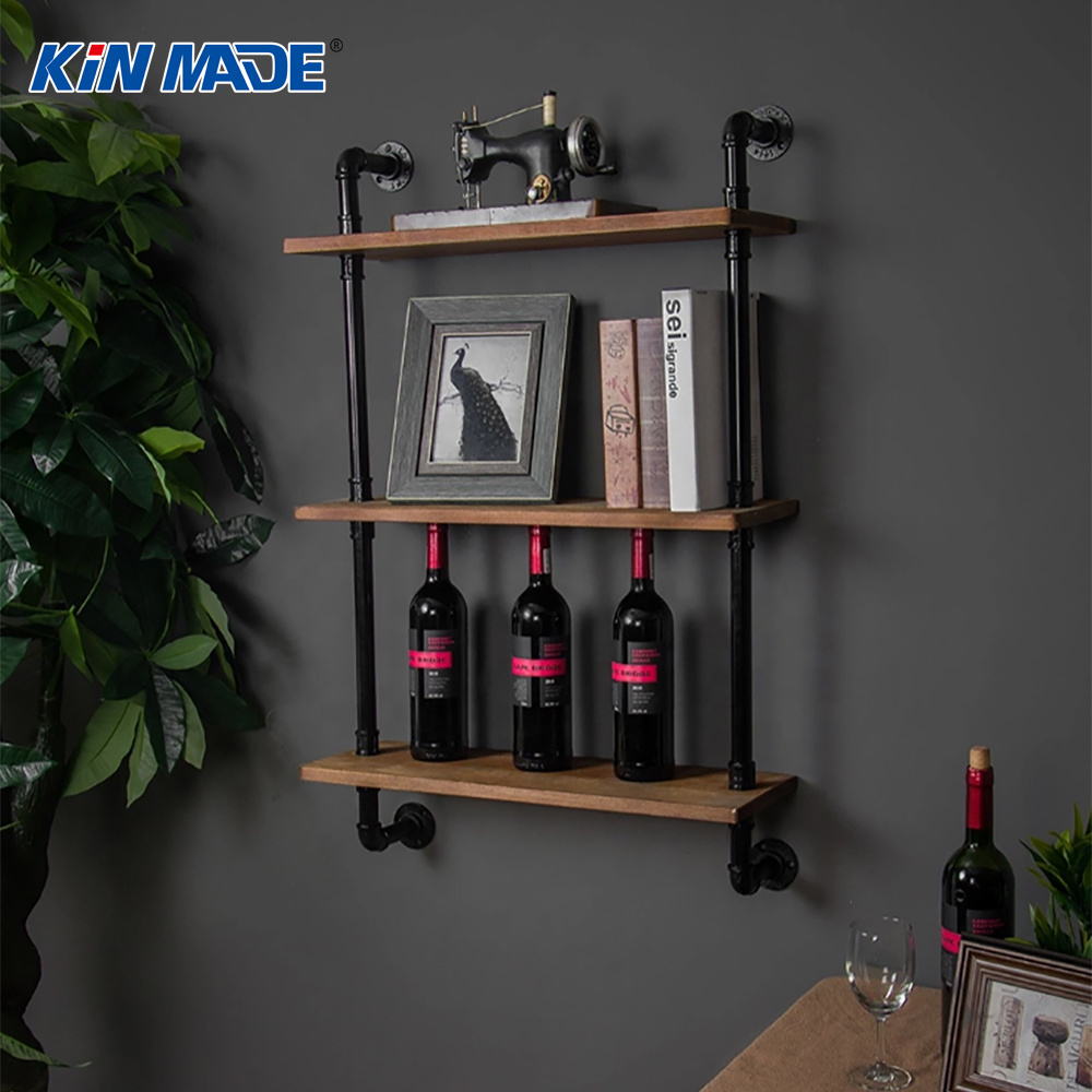 Hotel Cheap Low Price New Wall Mounted Iron Retro 3 tier Bracket wooden shelf Display Rack kapstok Industrial Pipe Rack Shelf