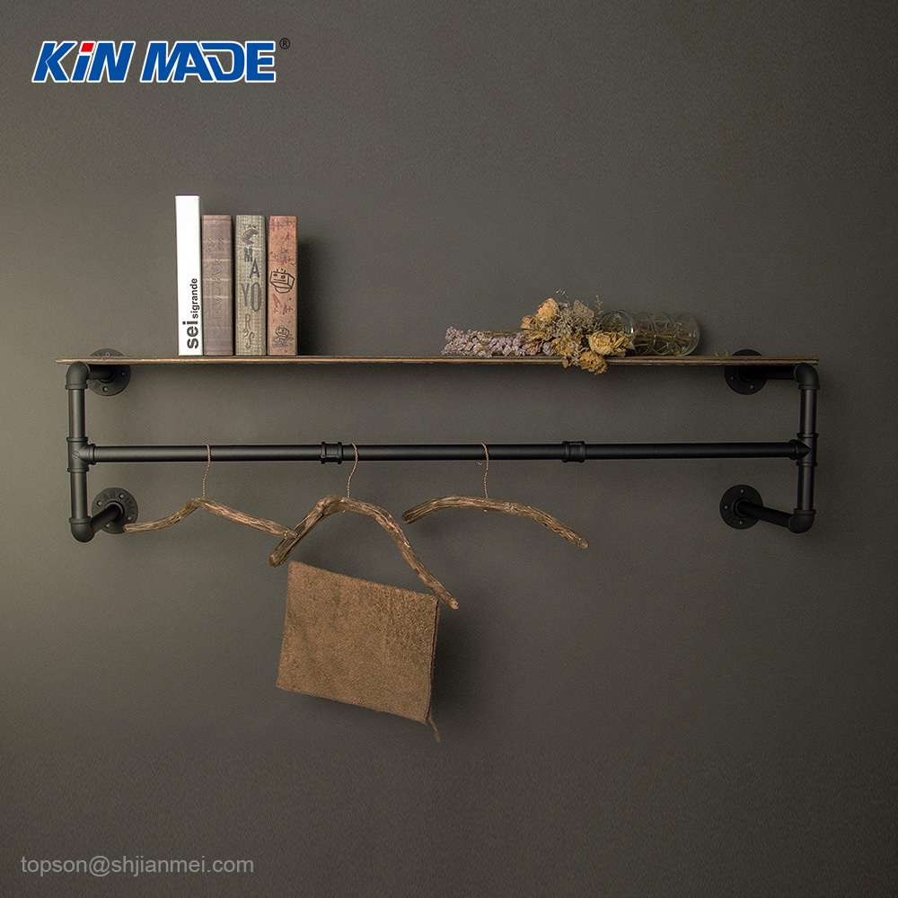 Industrial Pipe Clothes Rack, Heavy Duty Detachable Wall Mounted Black Iron Garment Bar Clothing Rods Storage Shelf Bracket