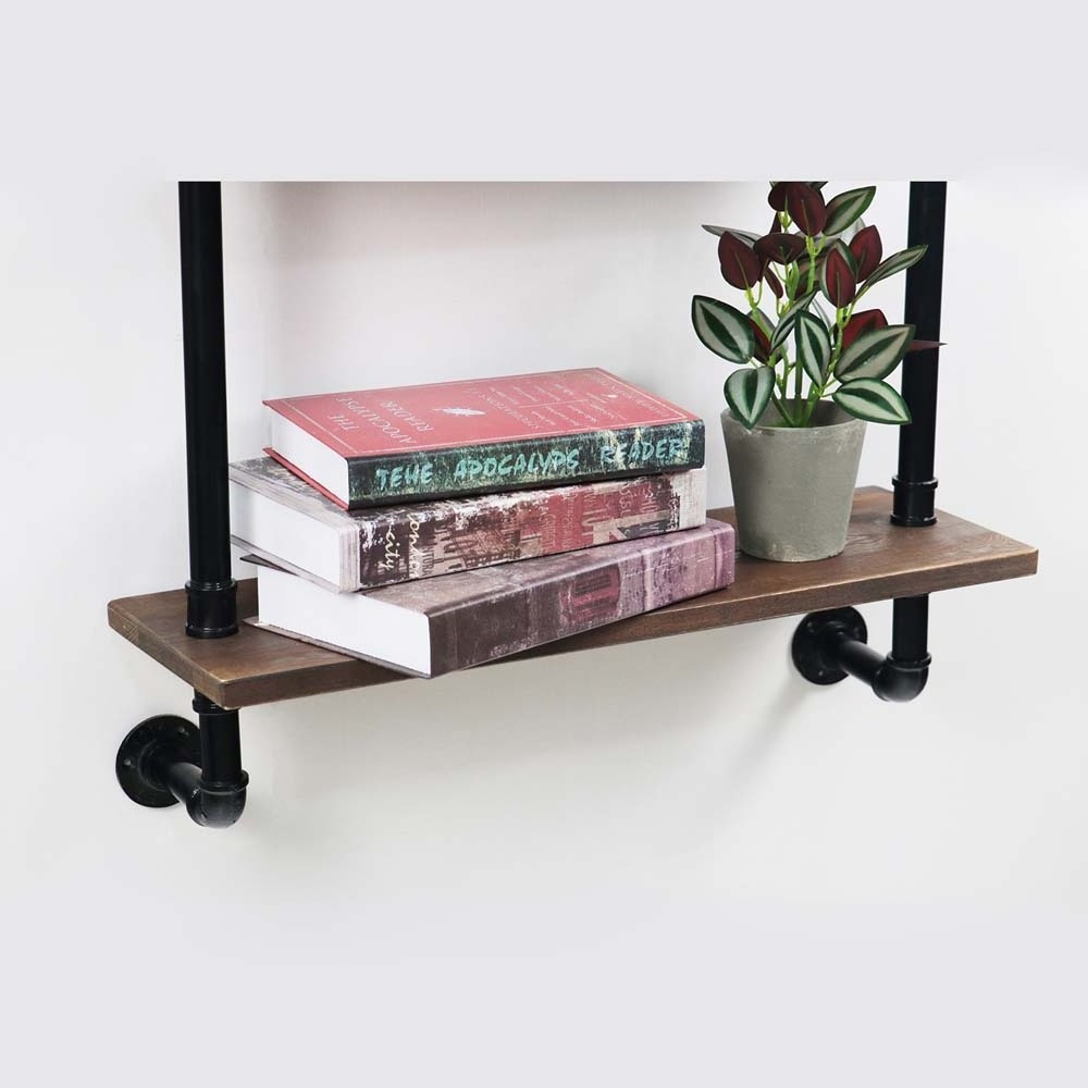 Hotel Cheap Low Price New Wall Mounted Iron Retro 3 tier Bracket wooden shelf Display Rack kapstok Industrial Pipe Rack Shelf