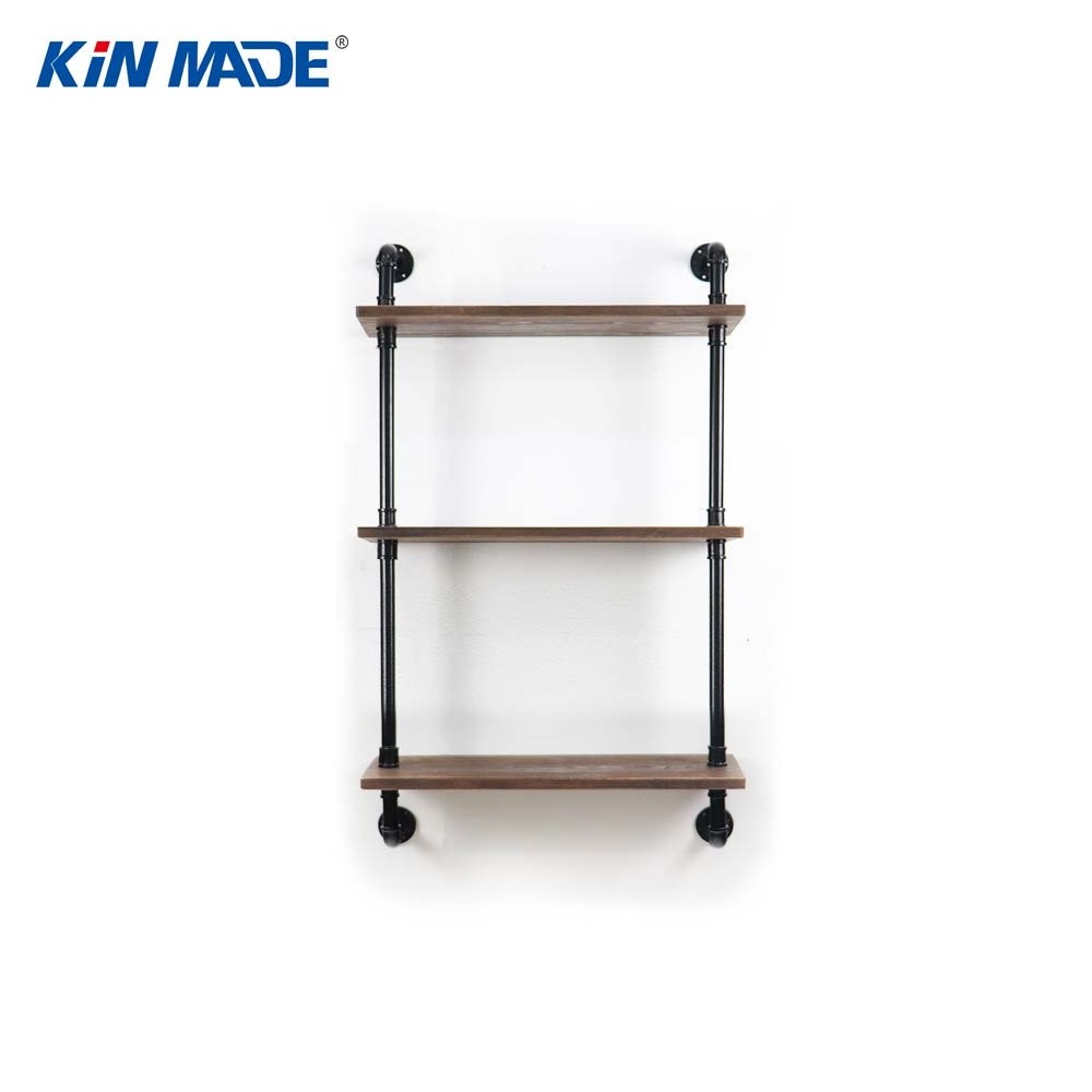 Hotel Cheap Low Price New Wall Mounted Iron Retro 3 tier Bracket wooden shelf Display Rack kapstok Industrial Pipe Rack Shelf