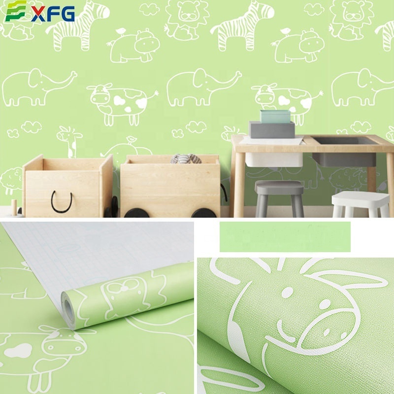 Eco-friendly pvc waterproof cartoon animals print wall sticker green kids wallpaper for children room bedroom decoration