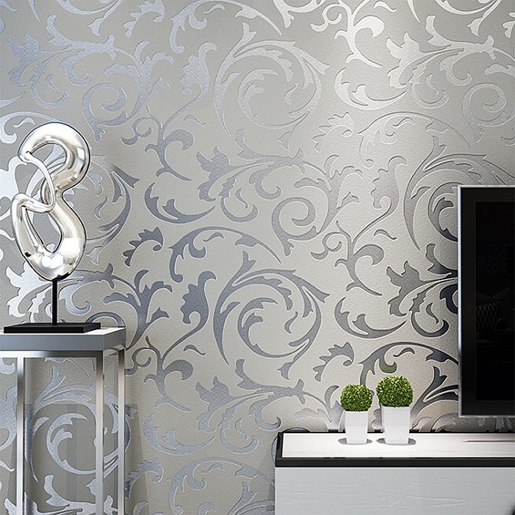 Modern white silver 3d floral wall paper design pvc adhesive paper waterproof wallpaper for living room bedroom decor