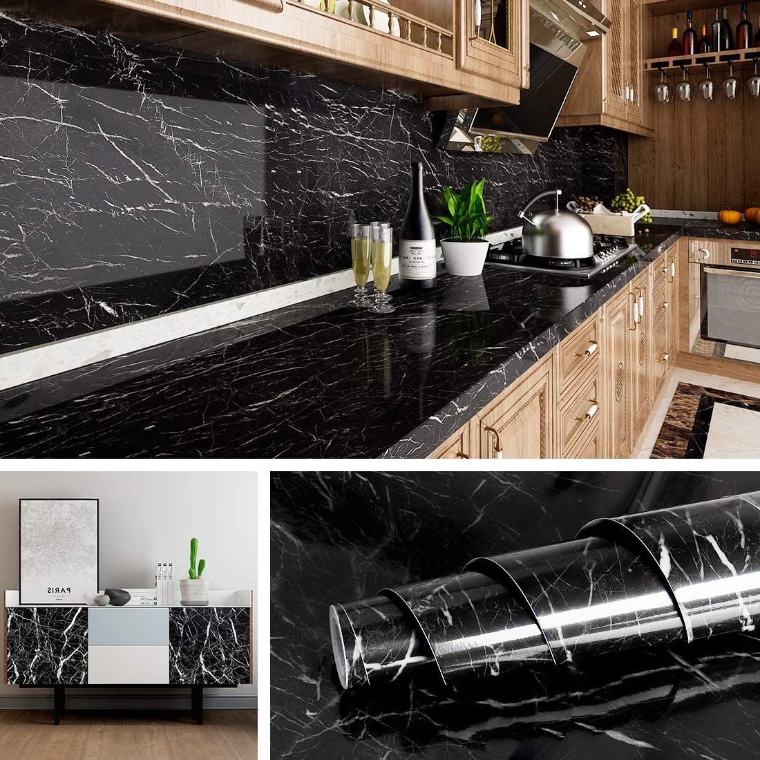 Black Marble Wall Paper for Kitchen Counter Top Covers Contact Paper Peel and Stick Wallpaper Bathroom Granite Waterproof Vinyl