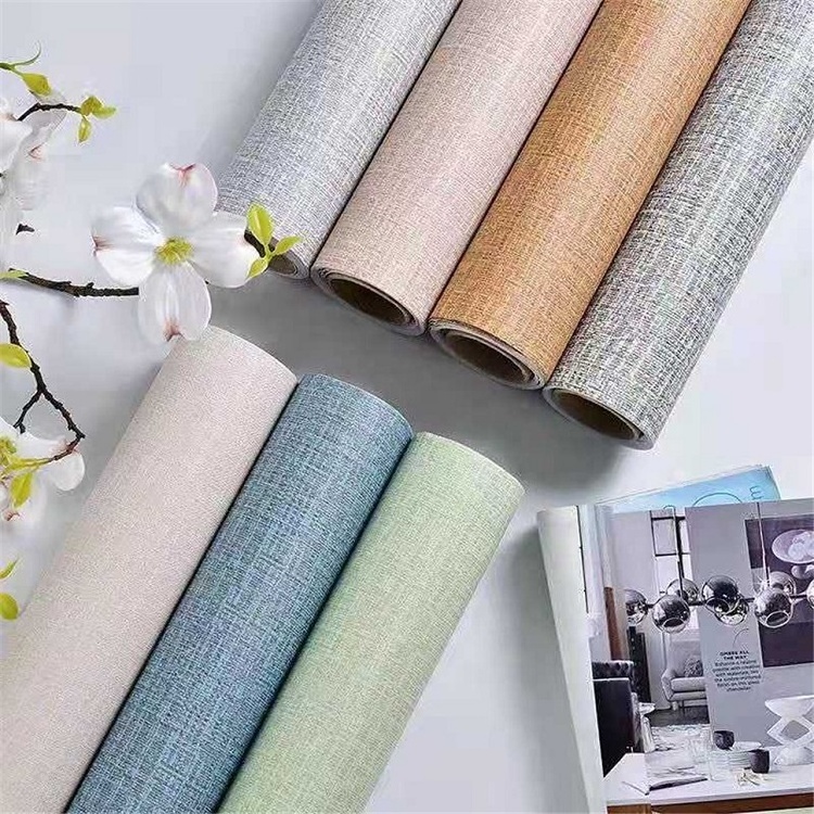 Japanese style pvc simple clinen texture wall covering paper adhesive waterproof wallpaper for house living room deco