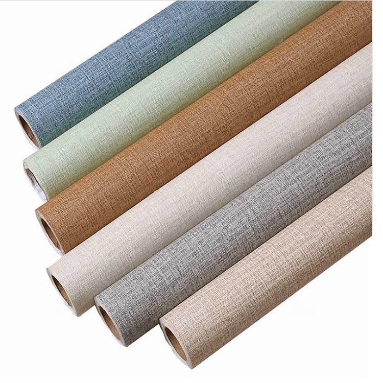 Japanese style pvc simple clinen texture wall covering paper adhesive waterproof wallpaper for house living room deco