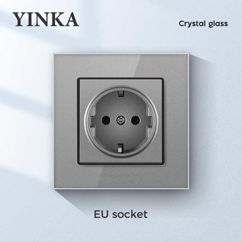 YINKA Tempered Glass Penal 1 Gang 2 Way Light Switch On Off Wall Switch Push Button Switch Black 86mm*86mm AC 110V