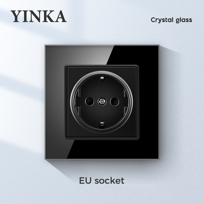 YINKA Tempered Glass Penal 1 Gang 2 Way Light Switch On Off Wall Switch Push Button Switch Black 86mm*86mm AC 110V