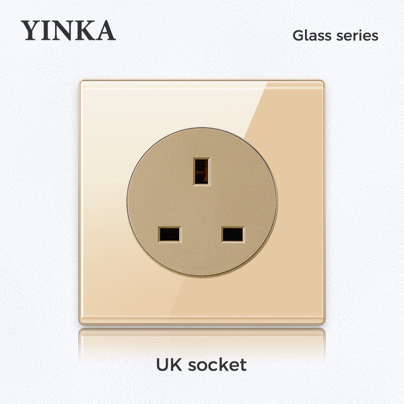 YINKA 86x86mm Tempered Glass Switch Gold Deluxe Socket 250V 16A European German Standard