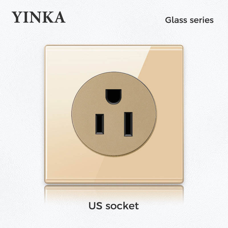 YINKA 86x86mm Tempered Glass Switch Gold Deluxe Socket 250V 16A European German Standard