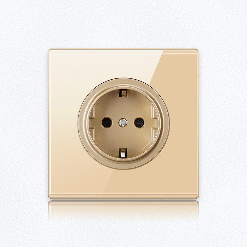 YINKA 86x86mm Tempered Glass Switch Gold Deluxe Socket 250V 16A European German Standard