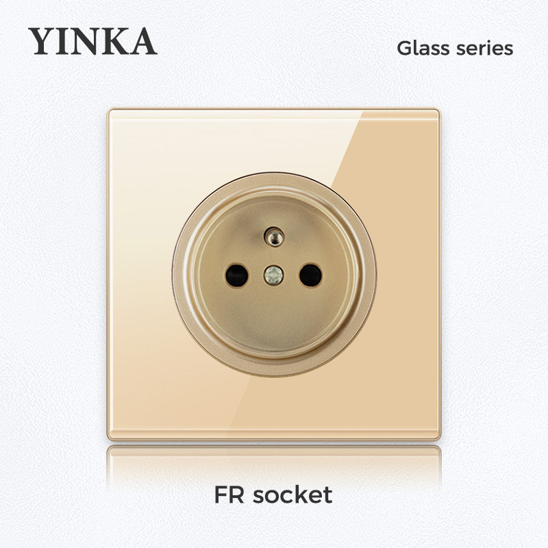 YINKA 86x86mm Tempered Glass Switch Gold Deluxe Socket 250V 16A European German Standard