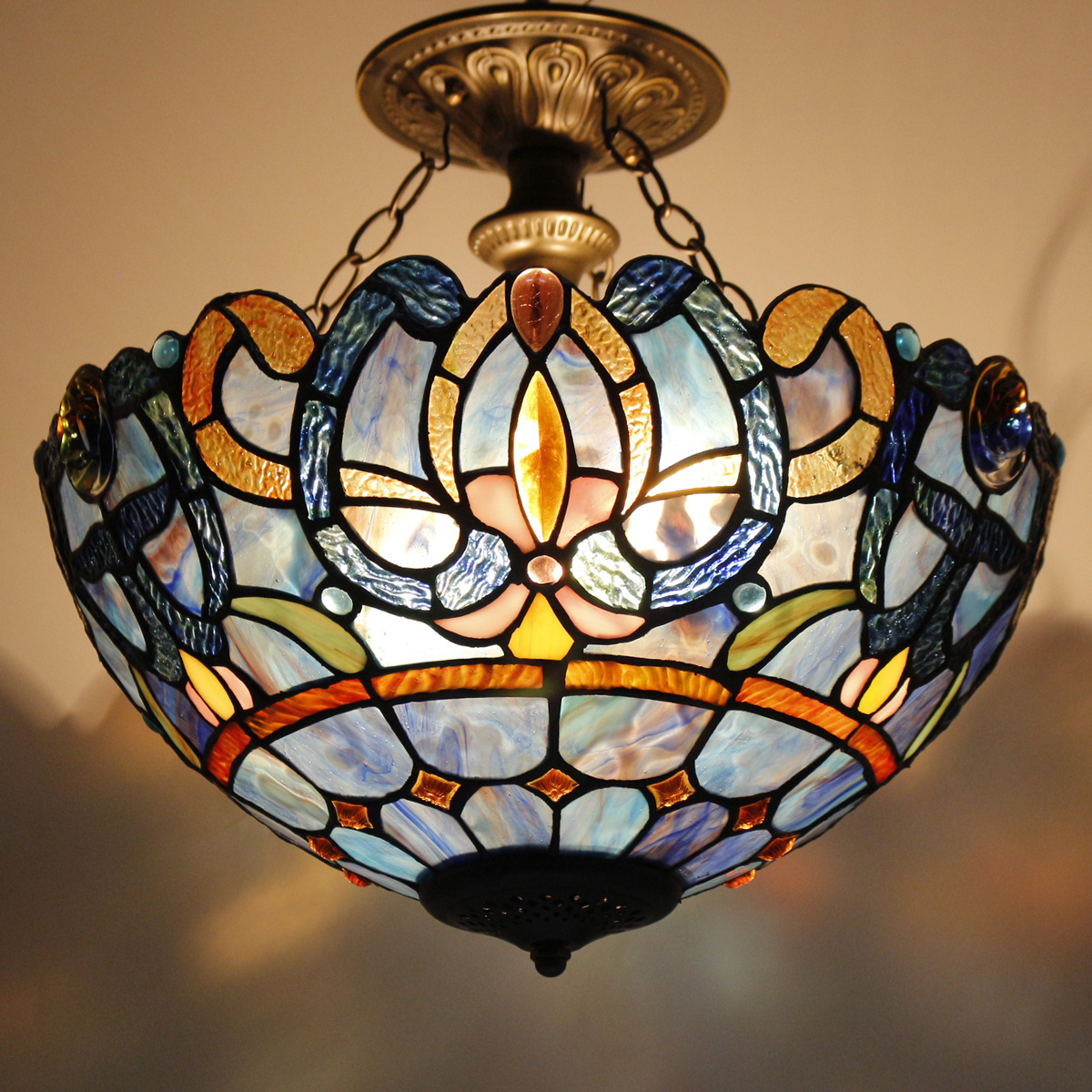 16X15 Inches Stained Glass Ceiling Lights Fixture Hanging Lamps Blue Purple Cloud Style Tiffany Lamp Wholesale Factory Light