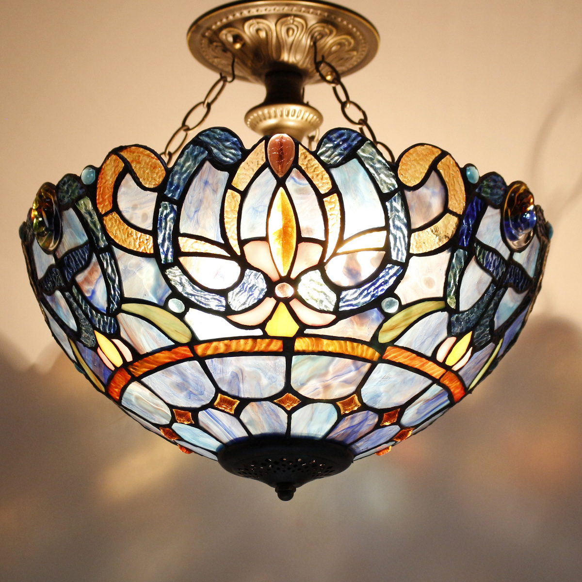 16X15 Inches Stained Glass Ceiling Lights Fixture Hanging Lamps Blue Purple Cloud Style Tiffany Lamp Wholesale Factory Light