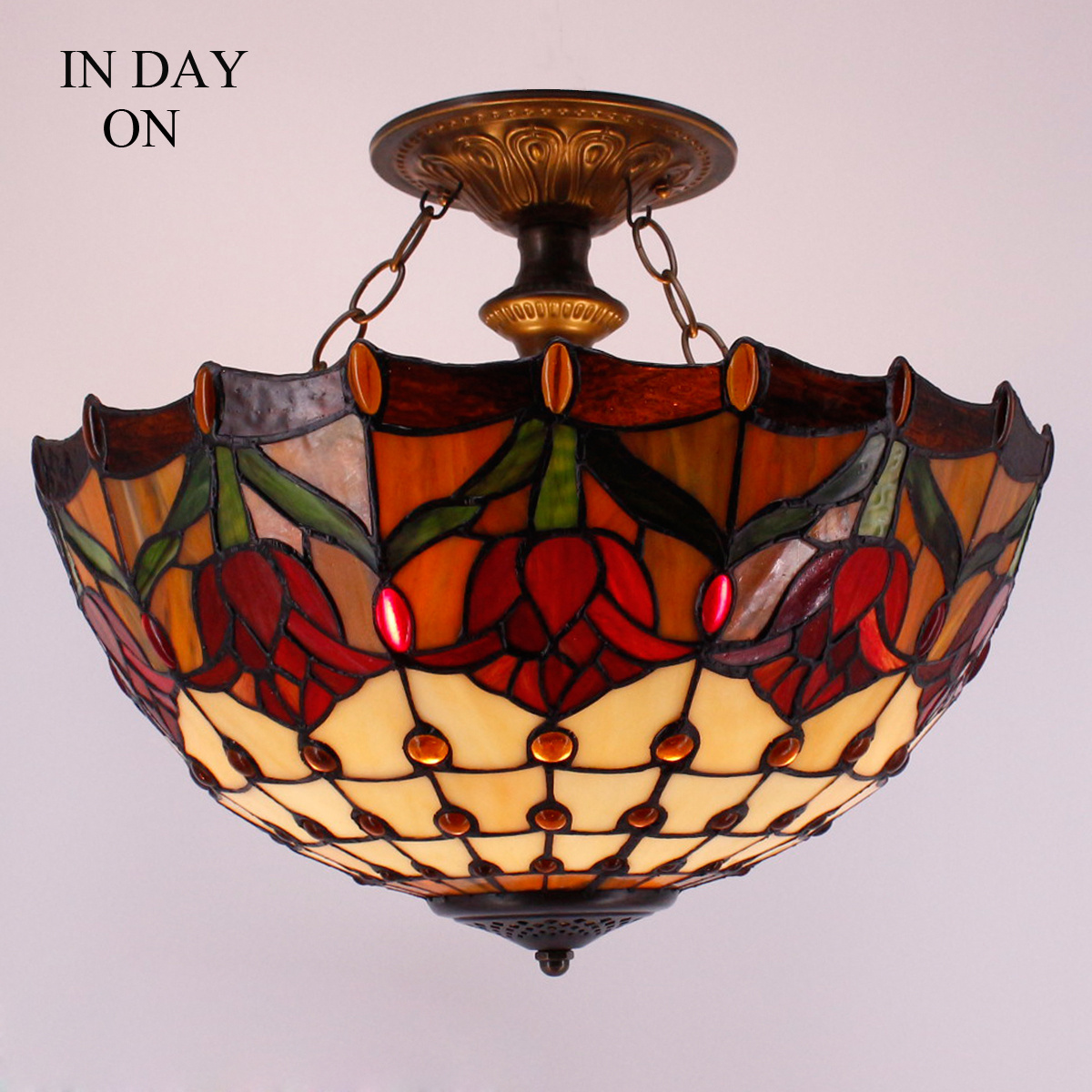 16X15 Inches Stained Glass Red Yellow Tulip Style Fixture Semi Flush Mount Tiffany Ceiling Light Wholesale Factory Lamp