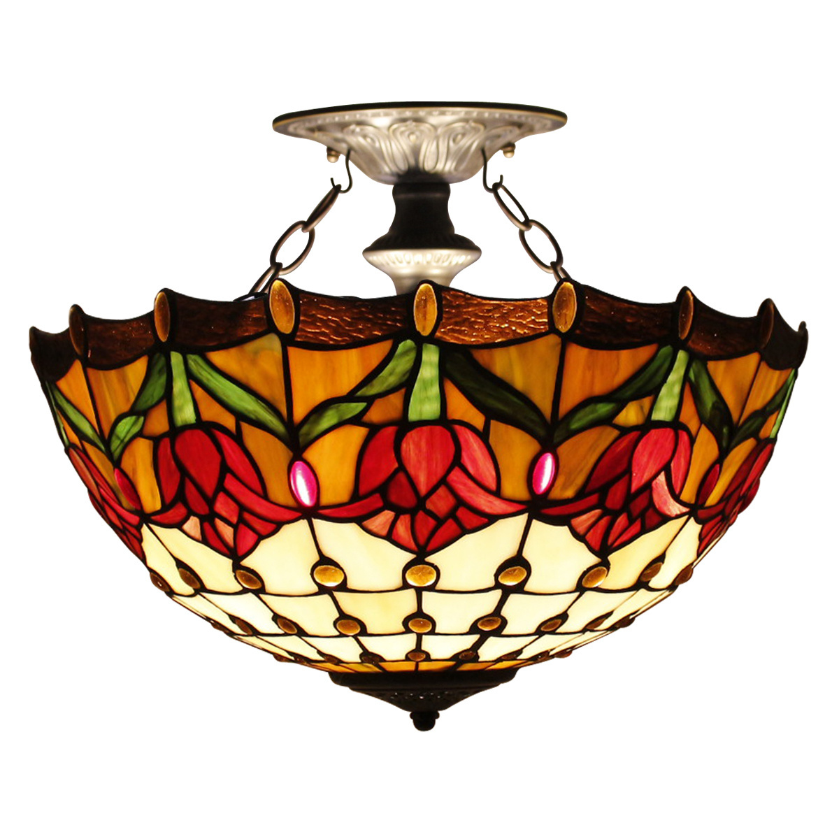 16X15 Inches Stained Glass Red Yellow Tulip Style Fixture Semi Flush Mount Tiffany Ceiling Light Wholesale Factory Lamp