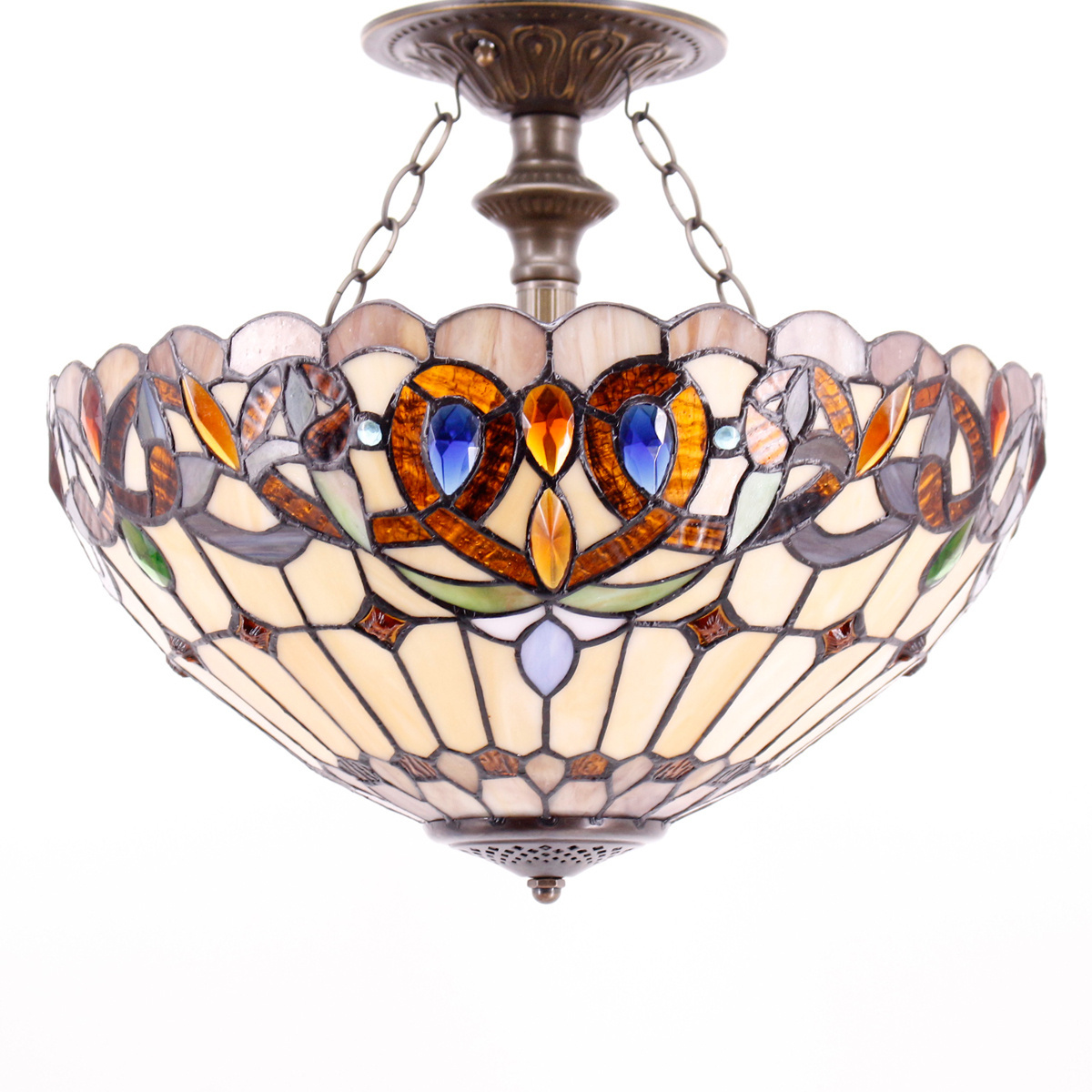 16x15 Inches Stained Glass Fixture Victorian Style Semi Flush Mount Hanging Lamps Tiffany Ceiling Light Wholesale Factory Lamp