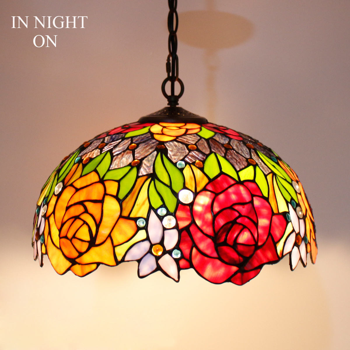 16X40 Inches Stained Glass Red Yellow Rose Flower Hanging Lamps Style Tiffany Pendant Light Fixture Wholesale Factory Lamp