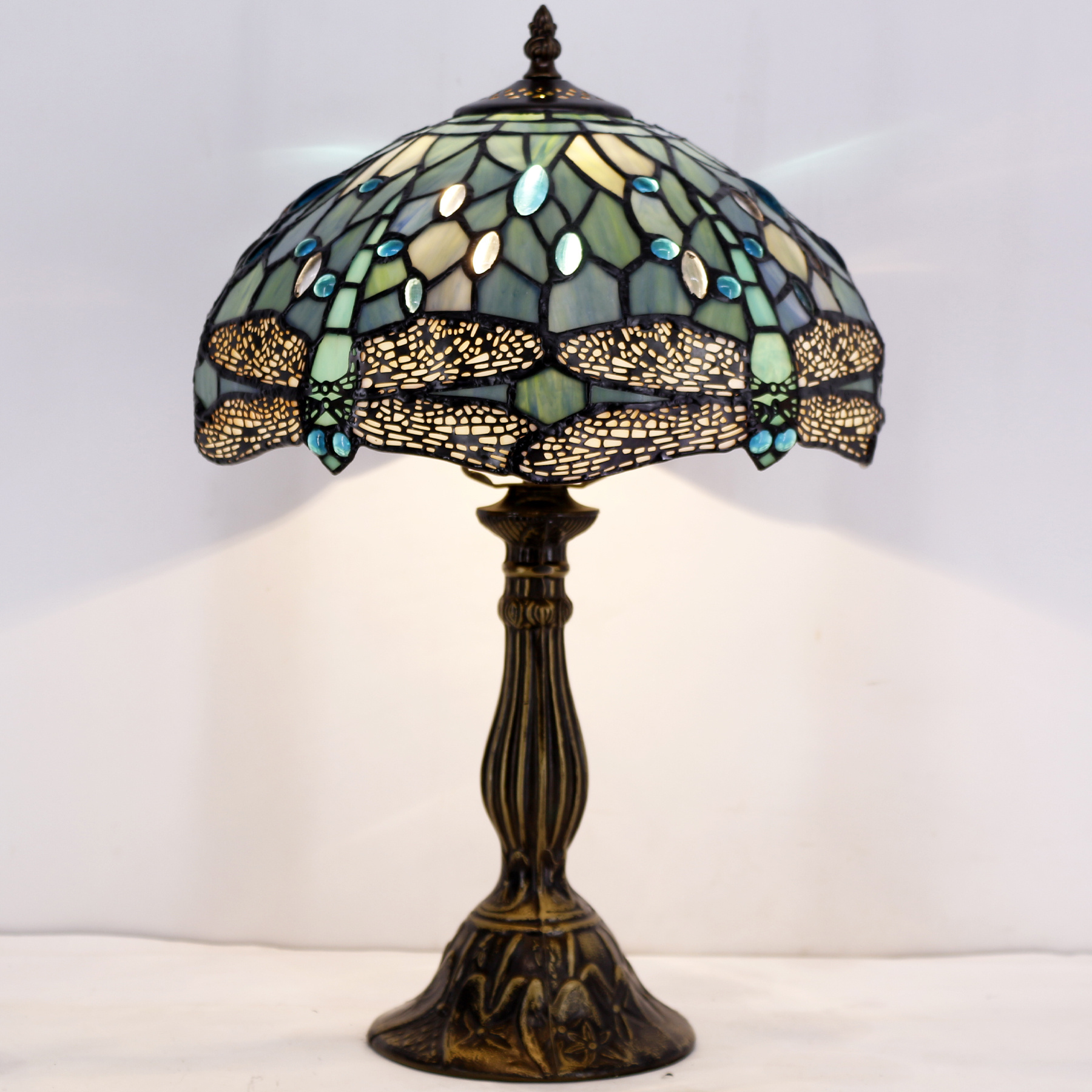 12X18 Inches Stained Glass Bedside Reading Desk Lighting Sea Blue Dragonfly Style Table Lamp Factory Wholesale Light