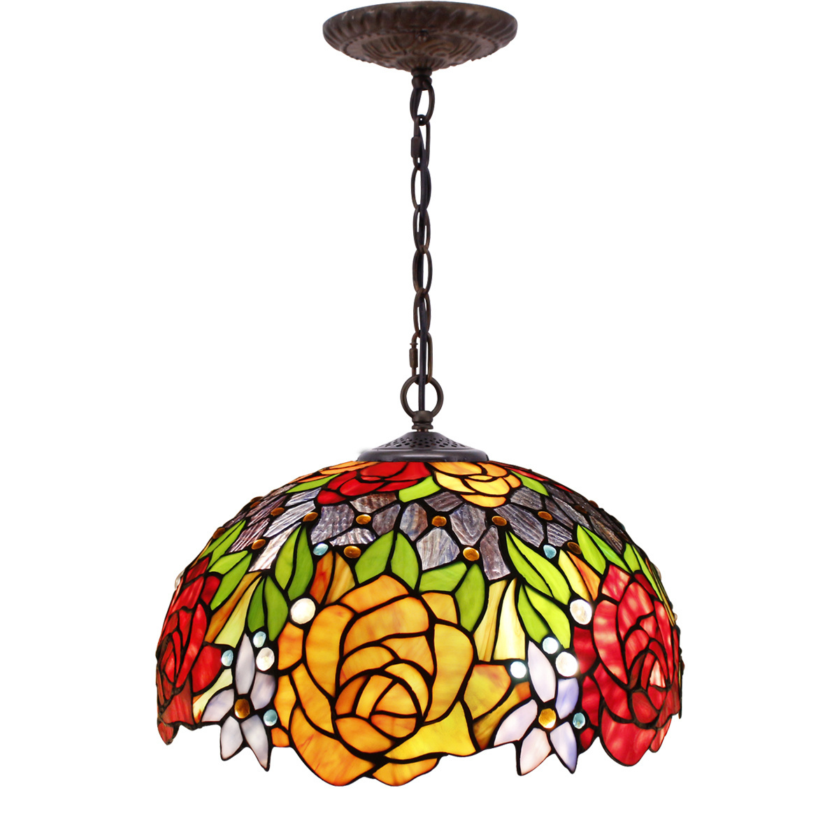 16X40 Inches Stained Glass Red Yellow Rose Flower Hanging Lamps Style Tiffany Pendant Light Fixture Wholesale Factory Lamp