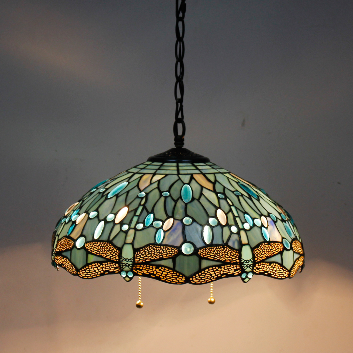 16X40 Inches Stained Glass Living room Hanging Sea Blue Dragonfly Style Tiffany Pendant Light Factory Wholesale Lamp