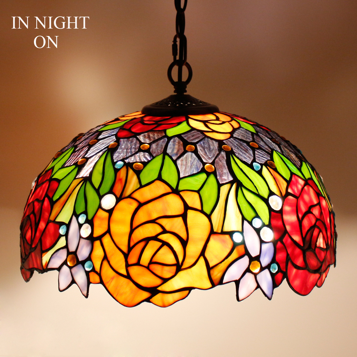 16X40 Inches Stained Glass Red Yellow Rose Flower Hanging Lamps Style Tiffany Pendant Light Fixture Wholesale Factory Lamp