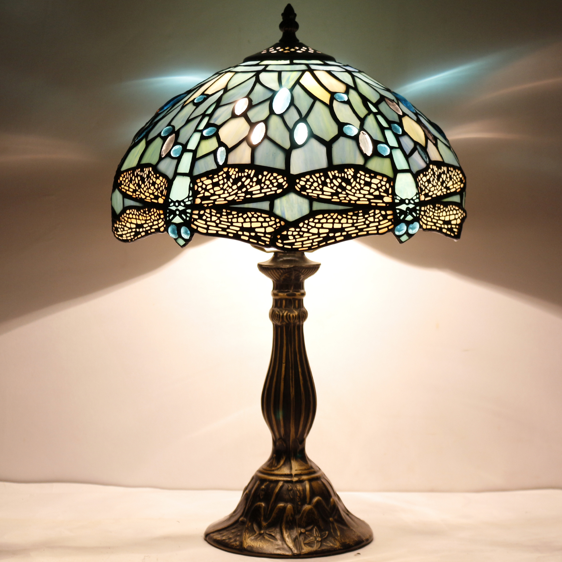 12X18 Inches Stained Glass Bedside Reading Desk Lighting Sea Blue Dragonfly Style Table Lamp Factory Wholesale Light