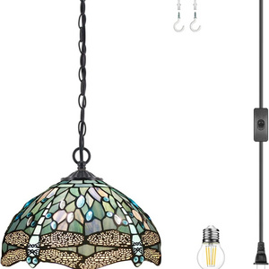 12X40 Inches Stained Glass Sea Blue Dragonfly Romantic Style embedded Hanging Tiffany Pendant Light Wholesale Lamp