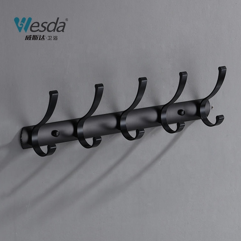 WESDA Heavy Duty Double Black Robe Hooks Hanging Entryway Bedroom Bathroom Aluminum Clothes Hanger Wall Mount Long Coat Rack