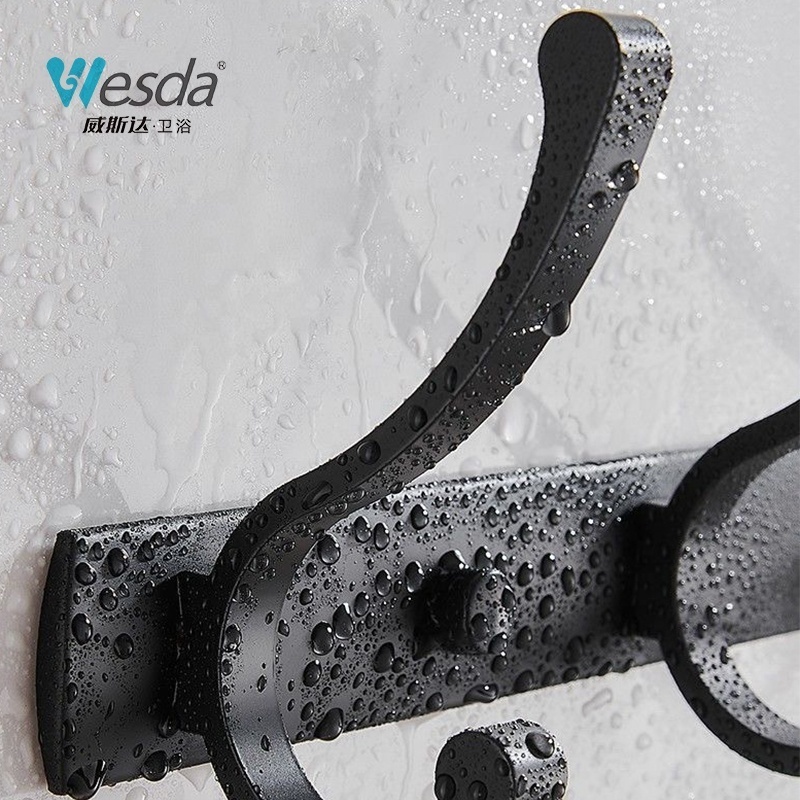 WESDA Heavy Duty Double Black Robe Hooks Hanging Entryway Bedroom Bathroom Aluminum Clothes Hanger Wall Mount Long Coat Rack