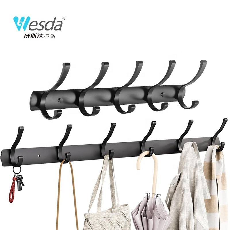 WESDA Heavy Duty Double Black Robe Hooks Hanging Entryway Bedroom Bathroom Aluminum Clothes Hanger Wall Mount Long Coat Rack