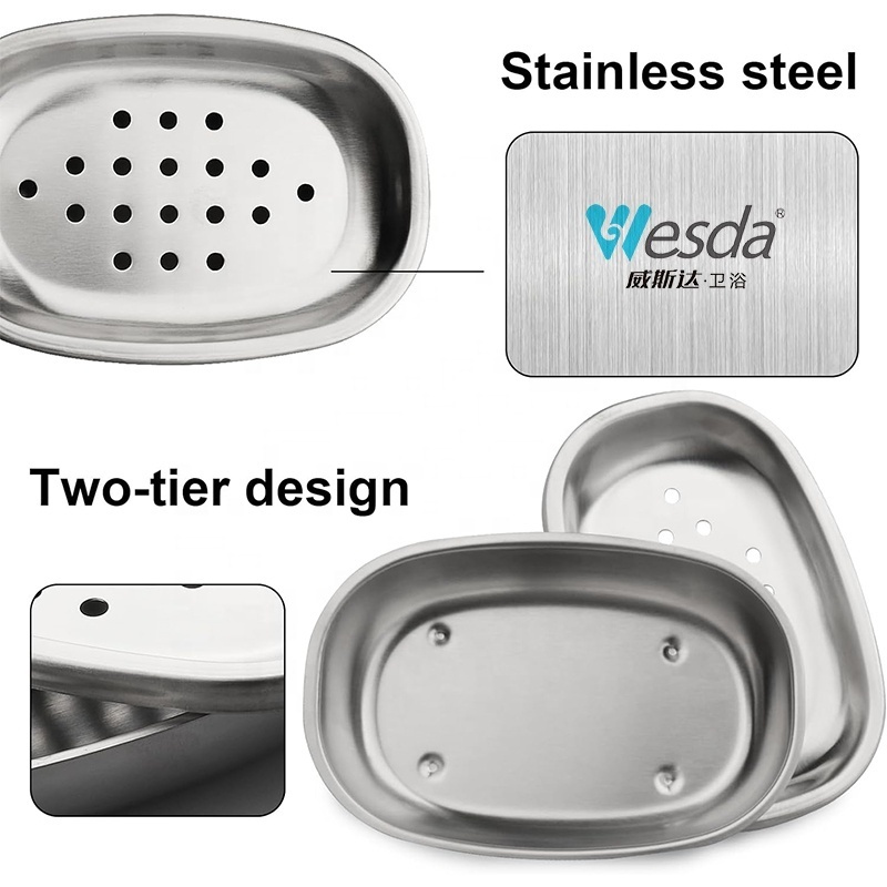 WESDA Bathroom Sink Accessories Durable Double Layers Metal Soap Holder Draining Tray Stainless Steel Soap Dish For Shower