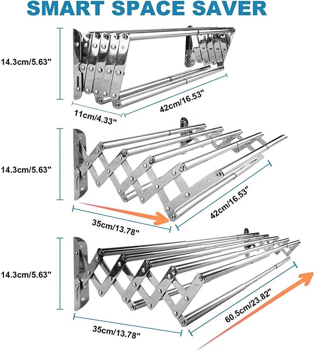 WESDA Stainless Steel Space Saving Towel Rack Wall Mounted Retractable Huge Capacity Drying Rack for Hanging Towels