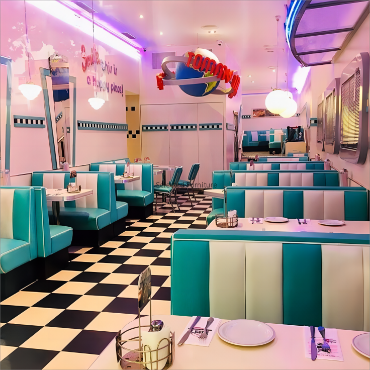 American Diner Sofa Fifties Style Retro Booth Restaurant Furniture Restaurant Chair and Table Modern Double Side Booth Seating