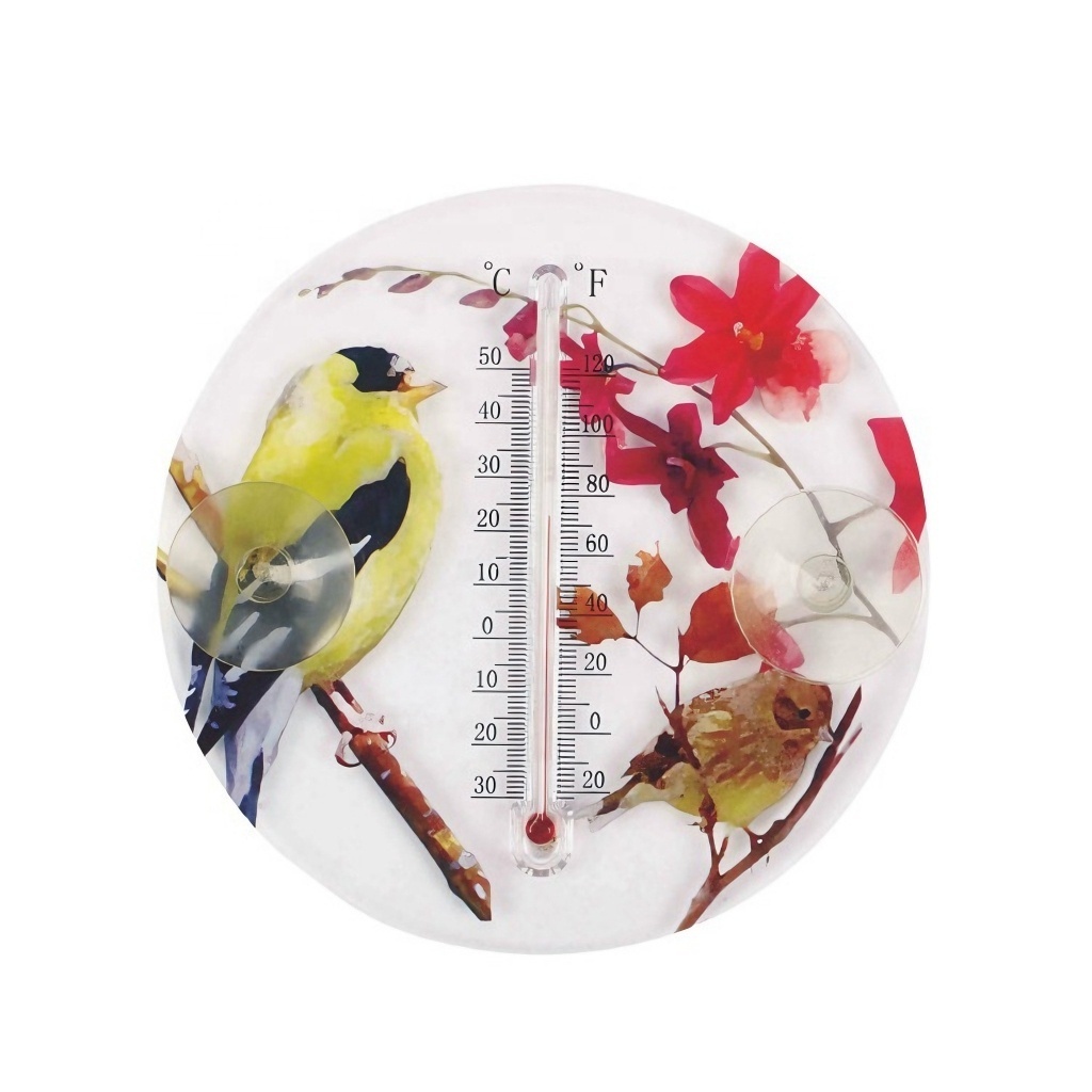 Plastic Thermometer with 2 Circular Suction Cup Flower Bird Design Thermometer for Window Decorative