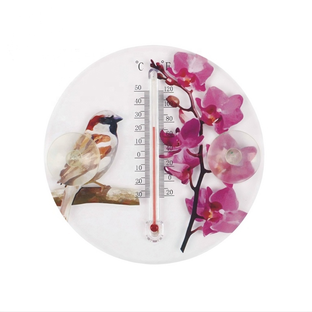 Plastic Thermometer with 2 Circular Suction Cup Flower Bird Design Thermometer for Window Decorative