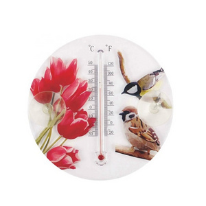 Plastic Thermometer with 2 Circular Suction Cup Flower Bird Design Thermometer for Window Decorative