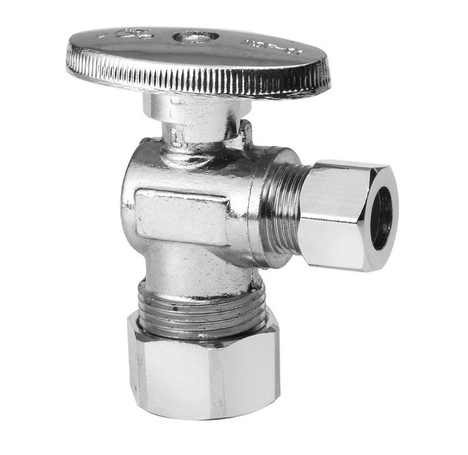 Heavy Duty 1/4 Quarter Turn Angle Shut Off Valve Squared Body 1/2 in NOM Comp Inlet x 3/8 in OD Compression Outlet Chrome