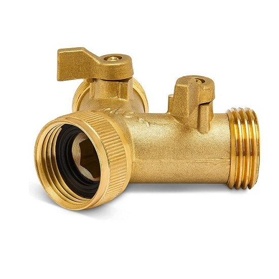 Brass Garden Hose Splitter 2 Way Solid Brass Hose Y Splitter 2 Valves with 2 Extra Rubber Washers