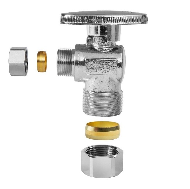 Heavy Duty 1/4 Quarter Turn Angle Shut Off Valve Squared Body 1/2 in NOM Comp Inlet x 3/8 in OD Compression Outlet Chrome Plated