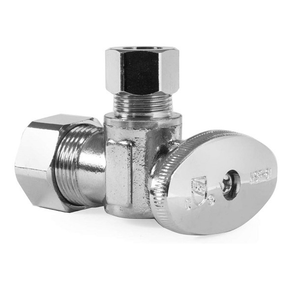 Heavy Duty 1/4 Quarter Turn Angle Shut Off Valve Squared Body 1/2 in NOM Comp Inlet x 3/8 in OD Compression Outlet Chrome Plated