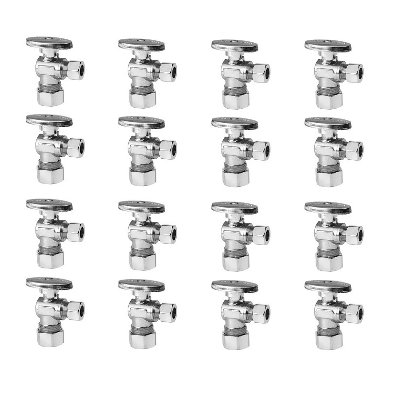 Heavy Duty 1/4 Quarter Turn Angle Shut Off Valve Squared Body 1/2 in NOM Comp Inlet x 3/8 in OD Compression Outlet Chrome Plated