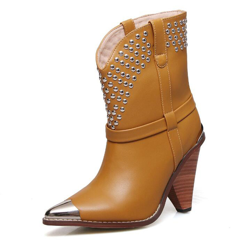 WETKISS Drop Shipping OEM Large Size Ladies Shoes Steel Toe High Cone Heel Boots Ankle Booties Western Cowboy Boots with Studded