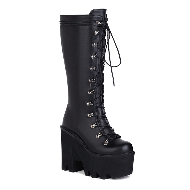 WETKISS Lace Up Midi Punk Shoes Black Goth Platform Shoes Chunky Boots Women Wedge Rock Boots With Heels for Women