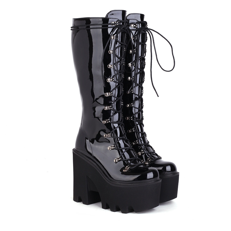 WETKISS Lace Up Midi Punk Shoes Black Goth Platform Shoes Chunky Boots Women Wedge Rock Boots With Heels for Women