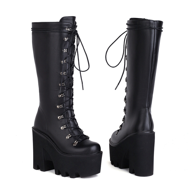 WETKISS Lace Up Midi Punk Shoes Black Goth Platform Shoes Chunky Boots Women Wedge Rock Boots With Heels for Women