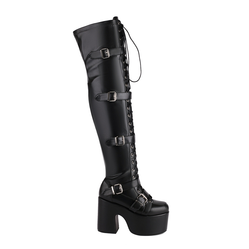 WETKISS Plus Size 46 Women Punk Shoes Buckle Strap Thick Platform Boots Lace Up Thigh High Boots Pink Black Goth Boots for Party