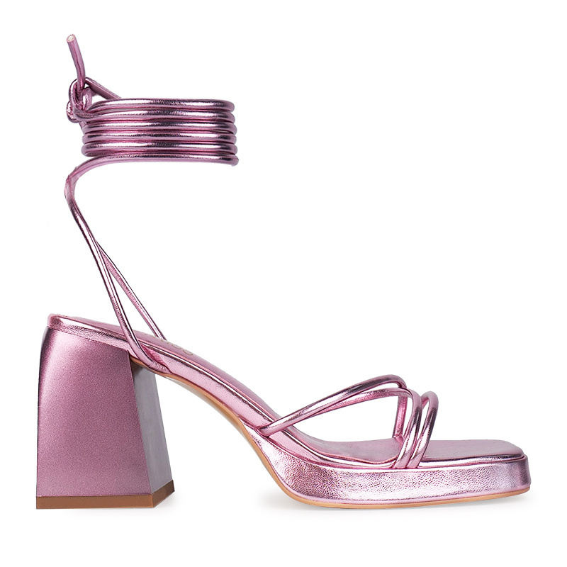 WETKISS OEM Party Shoes Squate Toe Metallic Pink Strappy Sandals Lace Up Block Heel Sandals with Platform