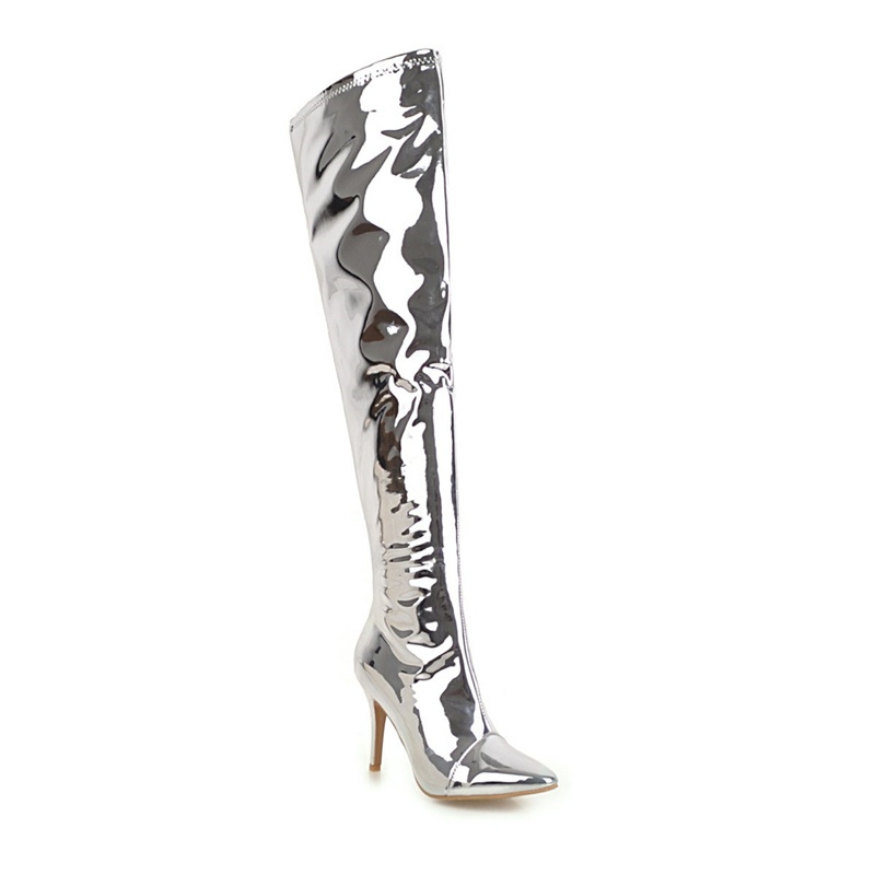 WETKISS Big Size PU Patent Leather Boots Fashion Silver Stiletto High Heels Ladies Boots Sexy Fetish Thigh High Boots for Women