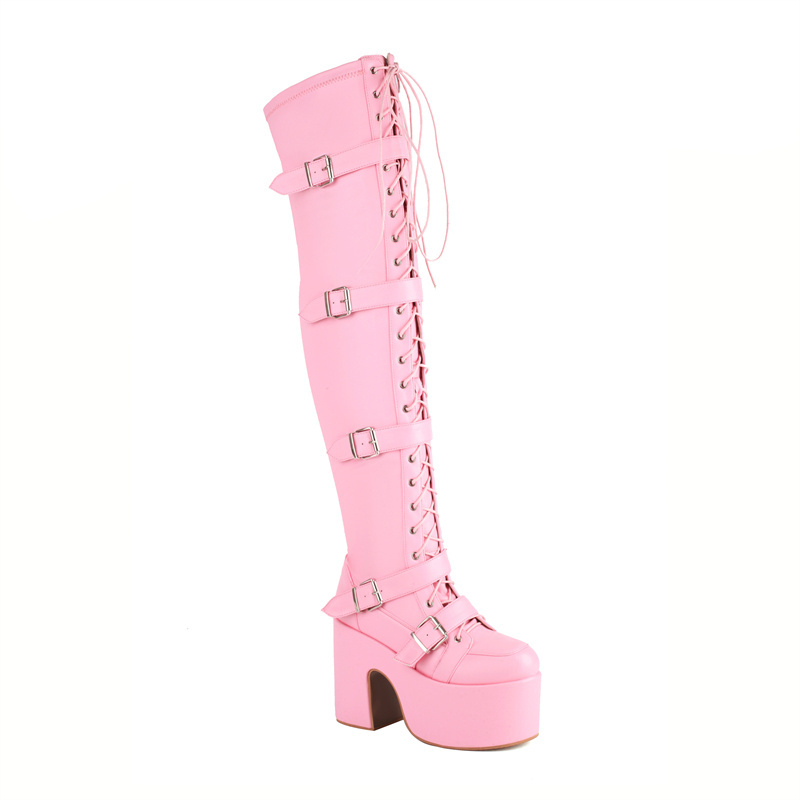 WETKISS Plus Size 46 Women Punk Shoes Buckle Strap Thick Platform Boots Lace Up Thigh High Boots Pink Black Goth Boots for Party